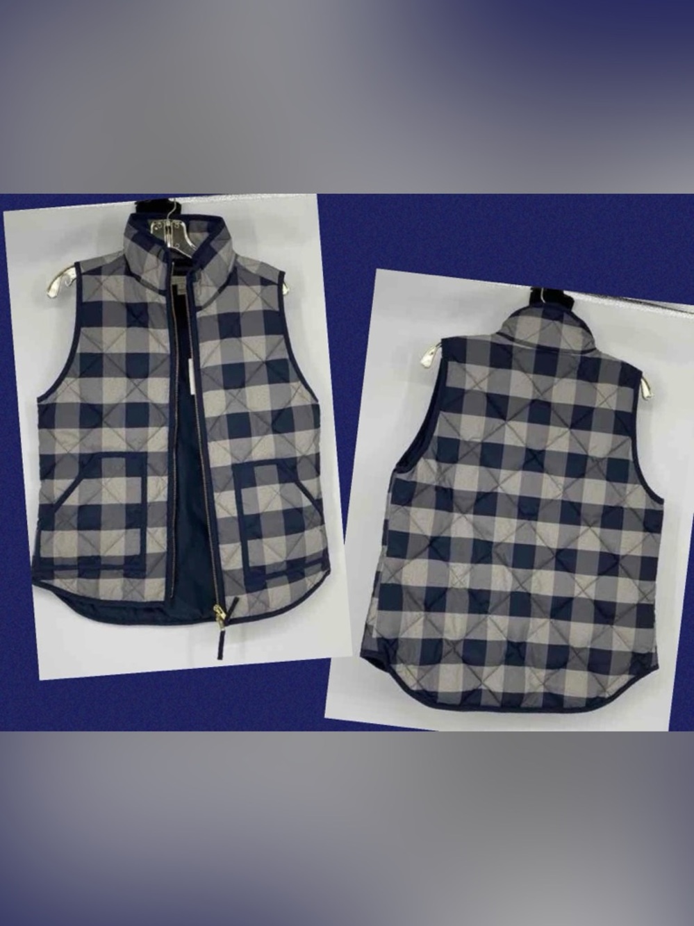 NWT J.Crew Printed Quilted Down Excursion Vest Navy Plaid S